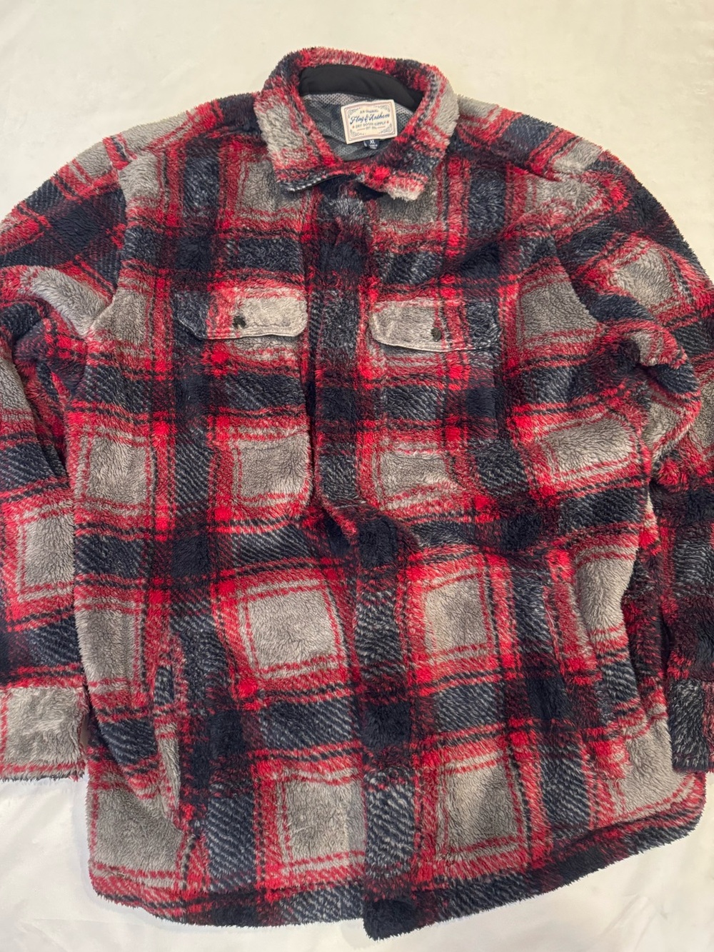 Flag & Anthem Men’s XL Sherpa Fleece Shirt Jacket Red Gray Plaid Shacket
